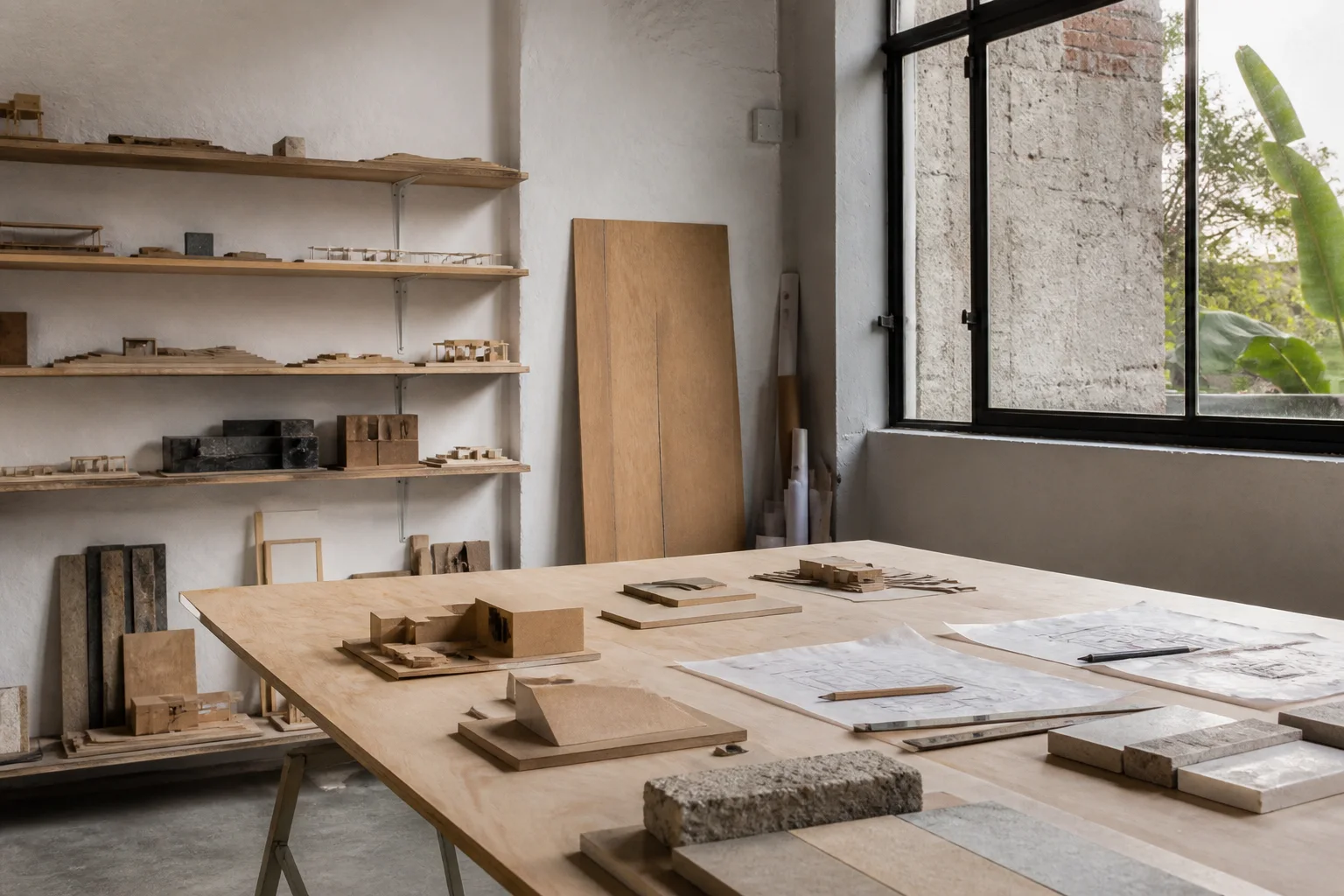 Ambiente de trabalho vazio da Oficina Arco, com maquetes e amostras de materiais sobre uma mesa.