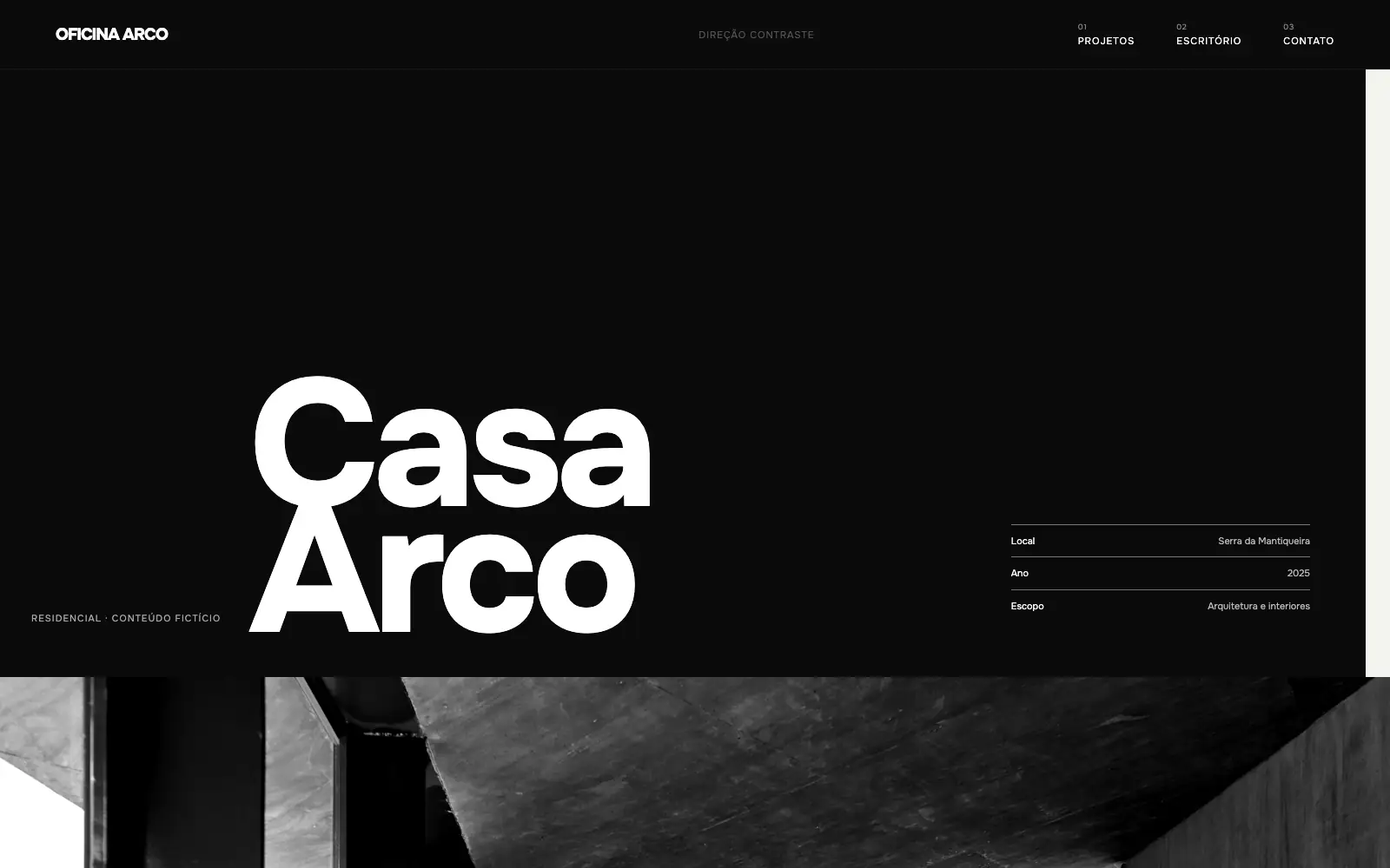 Casa Arco apresentada na direção Contraste, em preto e branco e composição tipográfica frontal.
