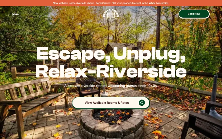 Homepage da Pemi Cabins desenvolvida pela Naranja Labs